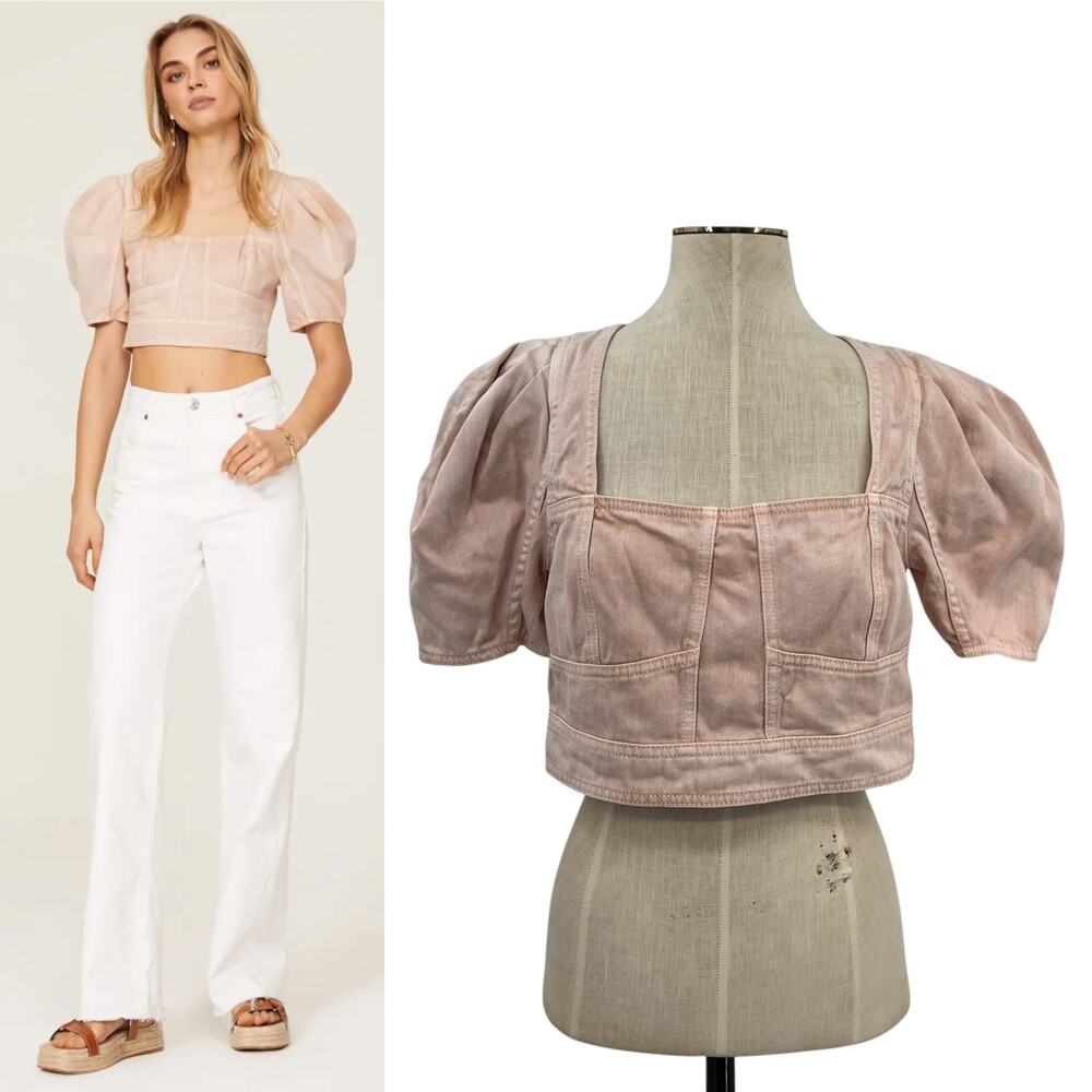 Ulla Johnson Renee Top Crop Denim Puff Sleeve Zip Sweetbriar Pink Size 8